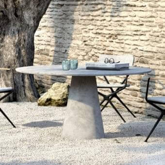 Innovative Royal Botania Conix table with conical base cast in fiber-reinforced Ductal® concrete and polished matte gray top