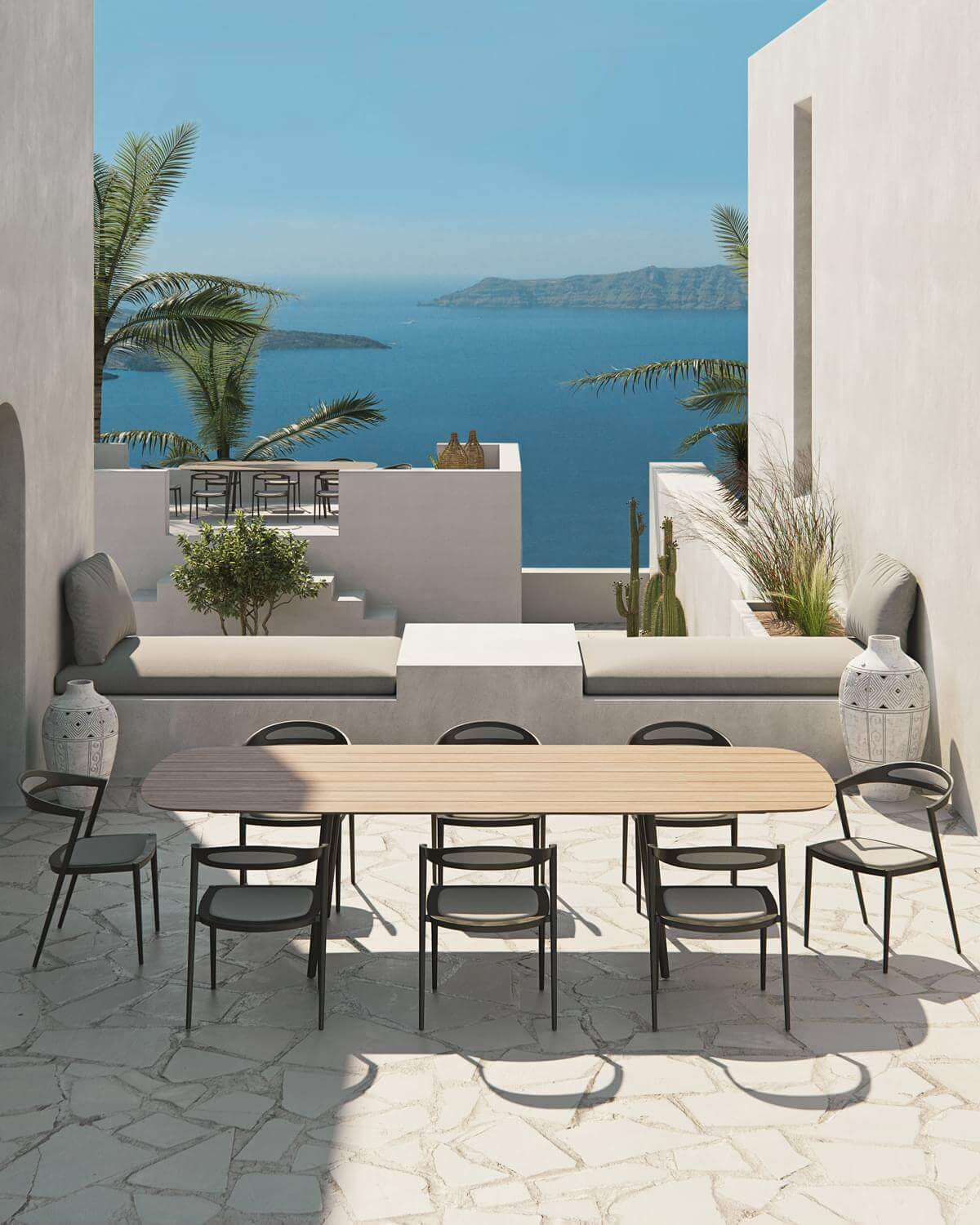 Innovative Royal Botania Styletto chair with black matte aluminum frame and woven gray seat offers ergonomic curves
