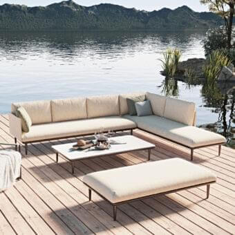 Superior Royal Botania Styletto Lounge sectional with light beige fabric upholstery and dark metal framing