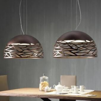 Superior Lodes Kelly Dome suspension lamp in glossy white glass with a textured brownish-bronze metal structure