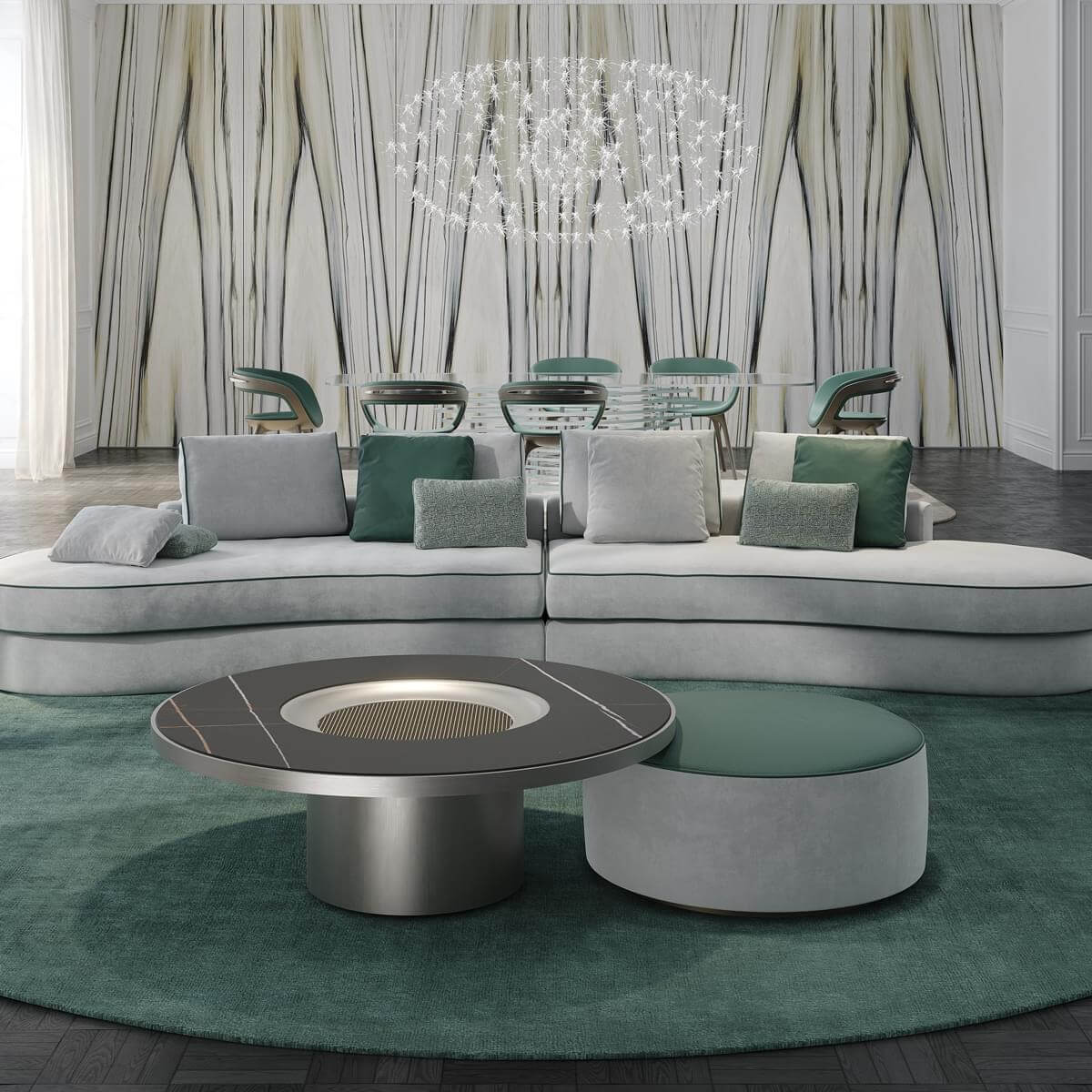 Gray curved sectional sofa with marble coffee table, green ottomans on teal rug, and acrylic dining chairs in a contemporary living room.