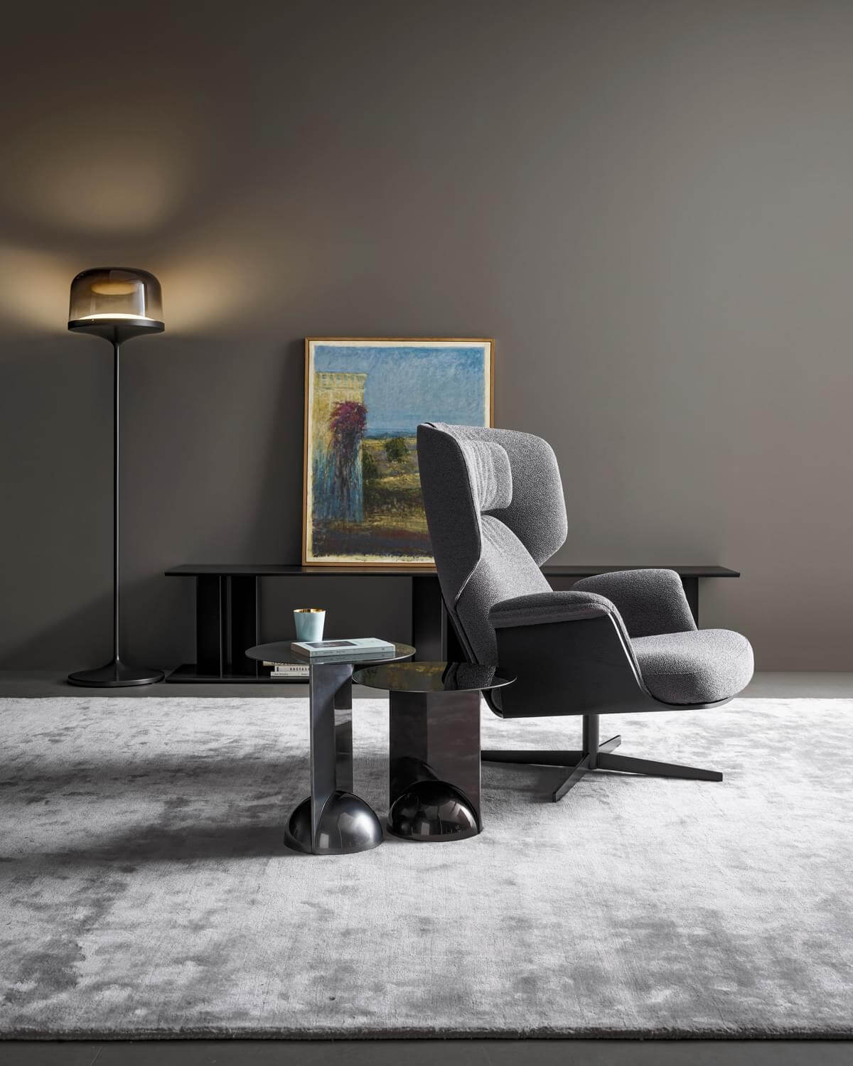 Distinguished Bonaldo Casablanca rug crafted in Italy with light gray Tencel and cotton exhibiting a velvety finish