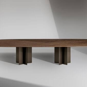 Exceptional Bonaldo Geometric 400 table with chevron veneered Canaletto Walnut top and star-shaped painted aluminum bases in a satin finish