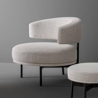 Exceptional Bonaldo Neuilly lounge chair with enveloping form in light beige woven fabric and slender dark metal frame