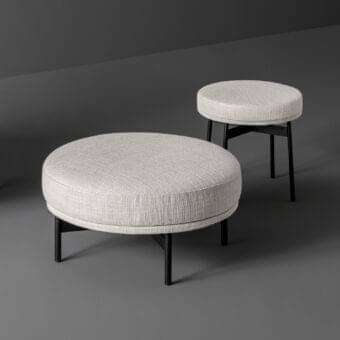 Distinguished Bonaldo Neuilly ottoman with light gray woven textile upholstery and slender matte black tubular metal base