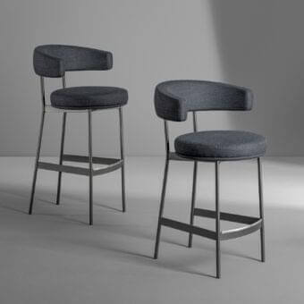 Superior Bonaldo Neuilly stool with rounded dark upholstery and curved backrest in matte dark metal with stainless steel accent