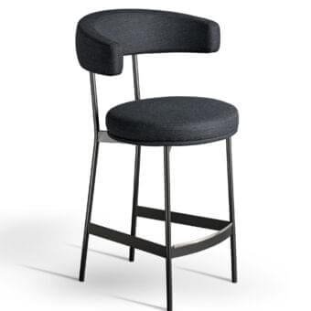 Superior Bonaldo Neuilly stool with dark gray fabric, curved backrest and linear metal frame built with a stainless steel footrest