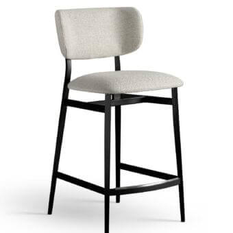 Elegant Bonaldo Noor stool with light neutral fabric upholstery and refined dark matte steel legs