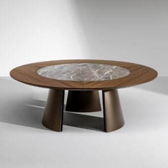 Exceptional Bonaldo Torii St table with Canaletto Walnut wood and built-in swivel ceramic center in cool gray tones