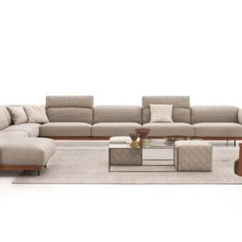 Distinguished Ditre Italia Beyl lounge chair with a rounded backrest and refined leather armrests in light beige textile with a sleek wooden base