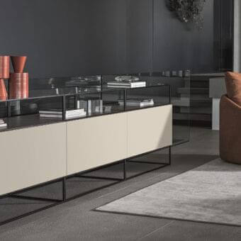 Architectural Ditre Italia Unit sideboard with alternating beige cabinet doors and glass display compartments in a sleek dark framework