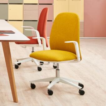 Distinguished Presotto Now armchair with vibrant yellow fabric upholstery, open armrests and white nylon swivel base