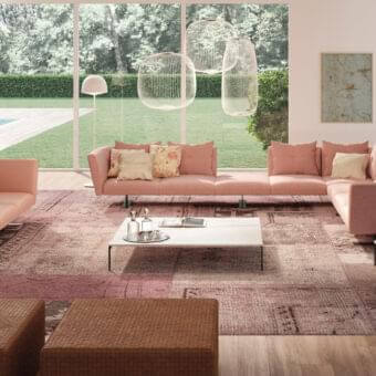 Distinguished Presotto Saint Barth sectional with light salmon textile upholstery and refined Peltro finish base