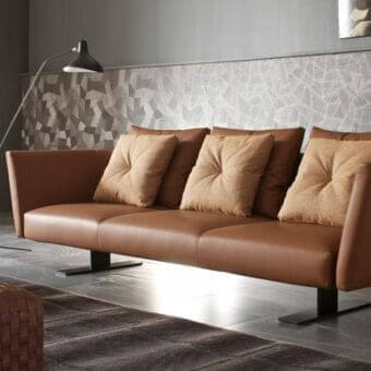 Superior Presotto Saint Barth sofa with warm brown leather upholstery and Peltro finish metal legs