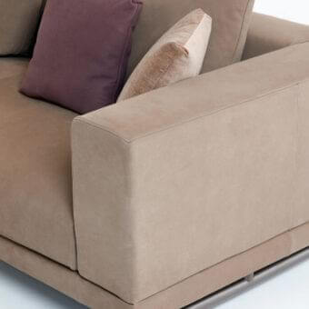 Exceptional Presotto San Marino sectional upholstered in smooth matte beige textile with peltro varnished metal legs and dark brown pillows