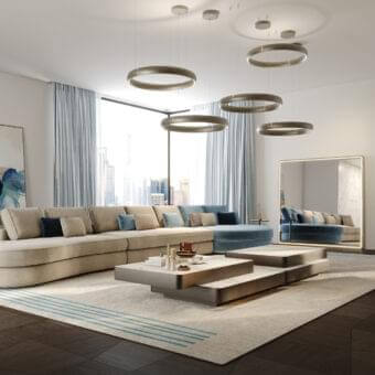 Superior Reflex Adone sectional with curved silhouette upholstered in woven textile and accented throw pillows