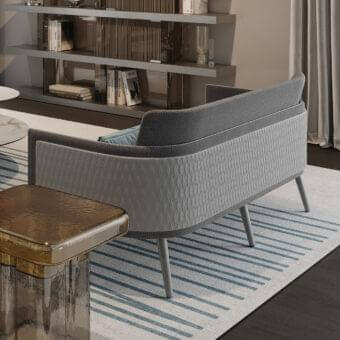 Distinguished Reflex Amet sofa with light and dark gray fabrics, quilted outer backrest and sleek light gray metal legs
