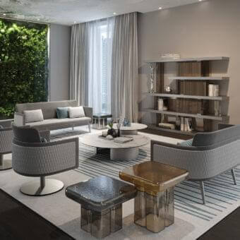 Superior Reflex Amet sofa upholstered in light gray textile with rounded shapes and elegant quiltings on the outer backrest