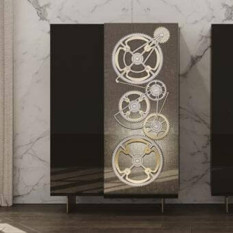 Captivating Reflex Big Ben cupboard with etched lacquered glass, gold gears on mesh glass, and refined bronze metal legs in satin and matte finishes