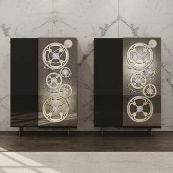 Refined Reflex Big Ben cupboard with lacquered glass, gold gears, polished chrome, and bronze finished metal legs