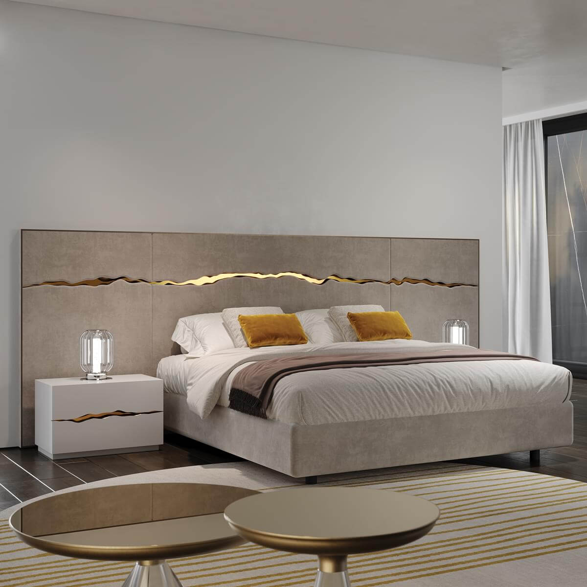 Neutral wall panel with a metallic line above a bed with light bedding and yellow pillows