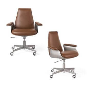Elegant Reflex Minerva armchair with medium brown leather upholstery and sleek metallic wheeled base