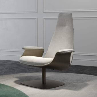 Refined Reflex Minerva lounge chair with light grey textile upholstery and matte dark metallic base