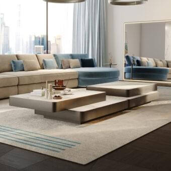 Innovative Reflex Slide coffee table with tiered Marble glass platforms and lacquered metallic plinth base