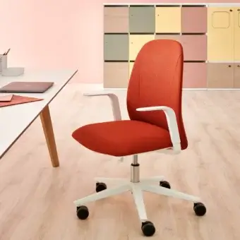 Sophisticated Presotto Now armchair upholstered in textured reddish-orange fabric with white nylon swivel base