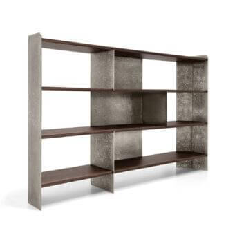 Exceptional Arketipo Carter bookcase with exotic wood shelves and texturized metal panels in speckled gray and dark brown finish