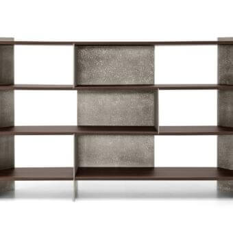 Exceptional Arketipo Carter bookcase with exotic wood shelves and textured metal vertical panels in a dynamic, irregular pattern with matte finish