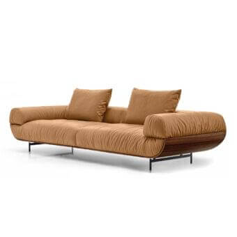 Exceptional Arketipo Fast Love sofa with medium tan crinkled fabric and dark Zebrano wood base elevated by metal feet