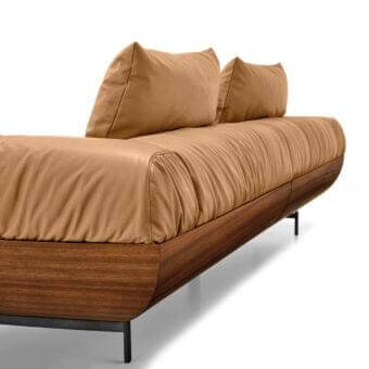 Exceptional Arketipo Fast Love sofa with tan leather cushions and dark brown wood base built with black metal feet