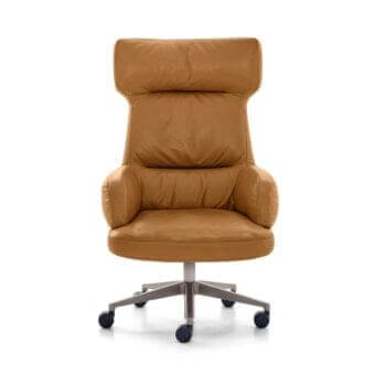 Superior Arketipo Forbes armchair in tan leather-like material presents a smooth uniform finish with full swivel and adjustable inclination