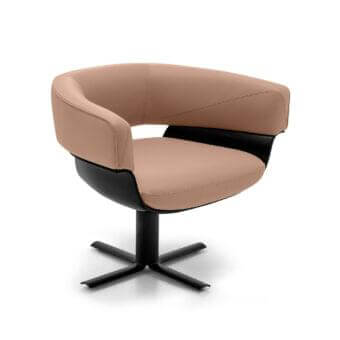 Exclusive Arketipo Jordan lounge chair with light tan fabric upholstery and matte finish polyurethane shell built with a return swivel base