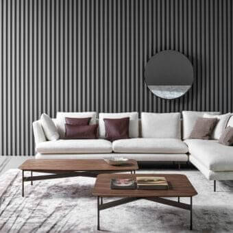 Superior Bonaldo Peak coffee table with veneered wood and dark metal legs in a medium-toned brown matte finish