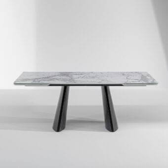 Distinguished Bonaldo Torii extendable table with white and gray marble ceramic top and dark metal base
