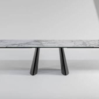 Elegant Bonaldo Torii extendable table with gray and white marbled ceramic top and black metal base