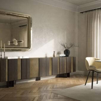 Sophisticated Cattelan Italia Amsterdam sideboard with alternating dark matte and lighter wood slats, built with Oxybrass finished structure