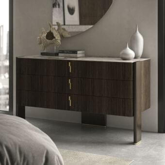 Distinguished Cattelan Italia Julian dresser with dark brown wood, marble-effect ceramic top and brass-colored steel accents