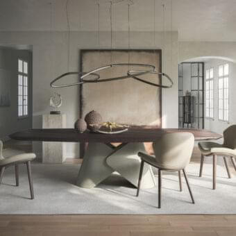Distinctive Cattelan Italia Rachel Wood chair with light beige textile upholstery and darker brown wooden frame