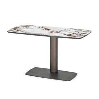 Sophisticated Cattelan Italia Run Keramik desk with white and brown veined ceramic top and sleek dark metal pedestal base