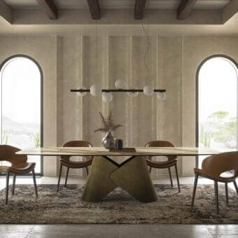 Distinguished Cattelan Italia Scott table with a rectangular marble-effect ceramic top and sculptural Oxybrass oxidized brass metal base