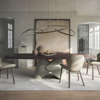Exceptional Cattelan Italia Scott Wood table with boat-shaped planks in dark stained finish and intersecting metal plates