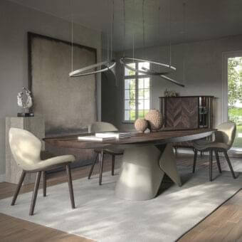 Distinguished Cattelan Italia Scott Wood table with dark brown wood top and light beige matte metal plates built in a sculptural base