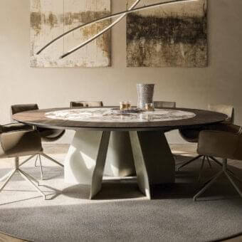 Distinguished Cattelan Italia Senator round table with marble-effect ceramic insert and dark brown finished wooden border built with geometric steel bases