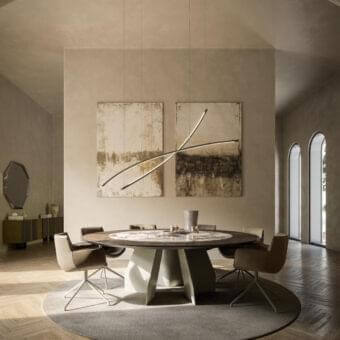 Distinguished Cattelan Italia Senator Ker-Wood round table with dark wood and light patterned ceramic insert, built with a multifaceted steel base