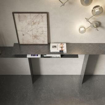 Distinguished Cattelan Italia Tee console with angular lines in brushed steel and a medium-tone gray finish exhibiting subtle metallic decoration