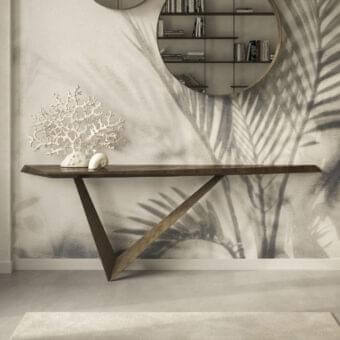 Exceptional Cattelan Italia Varenne console with dark brown wood showcasing visible grain and asymmetrical triangular leg