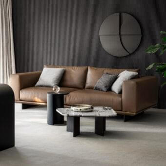 Harmonious 4 Mariani Asso sofa crafted in Italy with light brown leather upholstery and dark metal feet